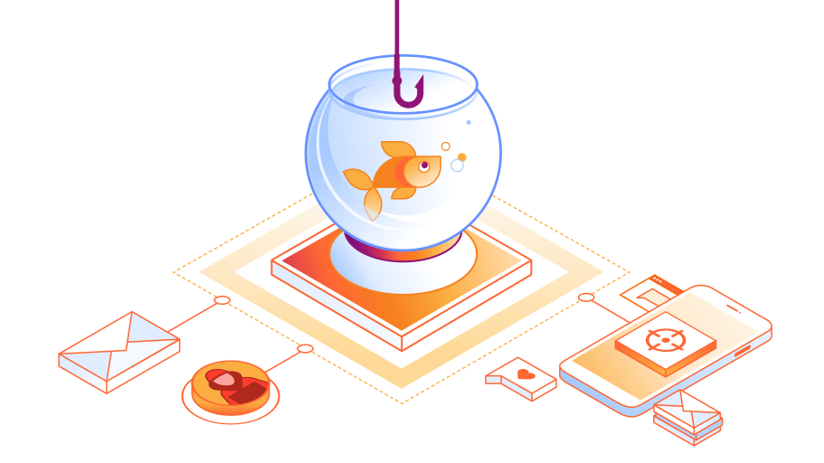 Illustration of a fishbowl on top of a laptop with a fish hook coming down toward the fish in the bowl 